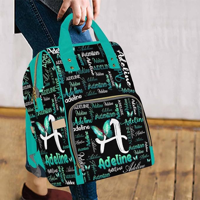 InterestPrint Personalized Diaper Bag with Name Custom Blue Green Butterfly Monogram Diaper Bag Customized Logo Text Shoulder Bag Nursing Bags Casual Daypack Bag for Sister BFF Shopping Present