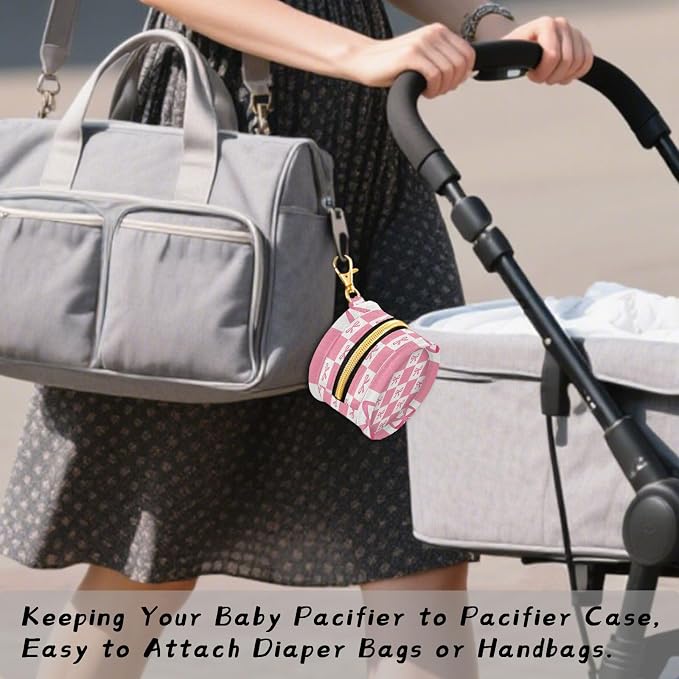 Pacifier Holder with Clip Pacifier Case for Diaper Bag Round Baby Pacifier Pouch Box Bag Portable Pink Bows Checkerboard