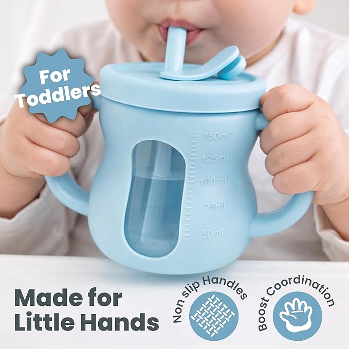 Silicone Sippy Training Cups with Straw 2-Pack, 6 oz Leak Proof Toddler Cups for Babies 6??6 Months, Bottle Weaning Cup Set, BPA Free Silicone with Handles, Green and Blue