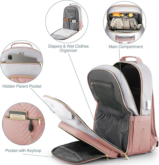 MOMUVO Diaper Bag Backpack, Quilted Baby Bag with Changing Pad & Stroller Straps & Pacifier Case, Large Travel Diaper Bags for Mom Dad, Pink Grey