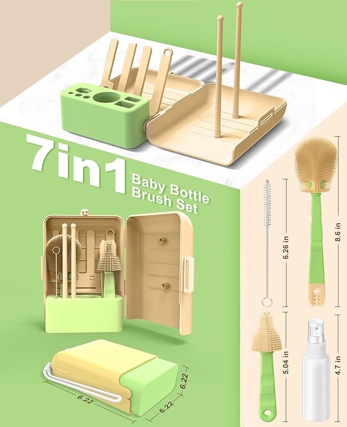 7 in 1 Baby Bottle Brush Set, BPA-Free Travel Bottle Cleaner Kit with U-Shaped Silicone/Nipple/Straw Brush, Portable Drying Rack, Soap Dispenser & Storage Box - Baby Travel & Home Essential