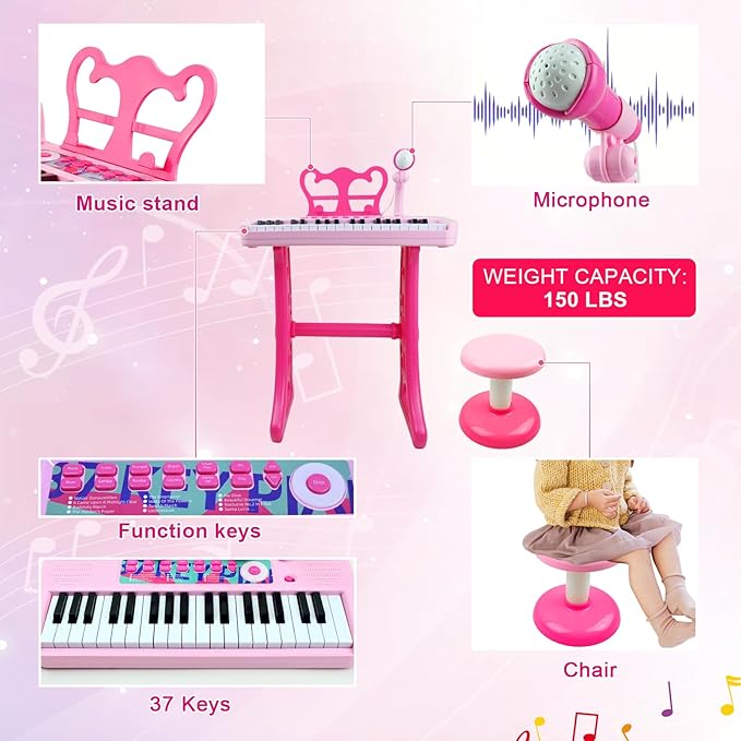 Love&Mini Kids Keyboard Toys for Girls - 37 Keys Pianos Toy with Stool and Microphone Pink Electronic Musical Instrument, Christmas Birthday Gift for Kids 3 4 5 6 7 8 Years Old Boy and Girl