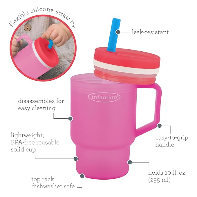 Infantino My 1st Tumbler, 10 Oz. Durable Plastic Sippy Cup with Straw & Handle, Spill-Resistant, for On-The-Go, BPA-Free Transition Baby Cup, Raspberry Cream