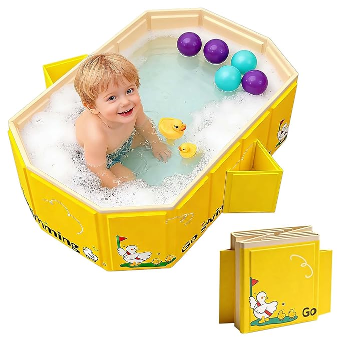 Foldable Baby Bathtub with 2 Drain, Collapsible Portable Baby Tub for Newborn & Toddler, Folding Baby Bath Tub, Small Water Play Pool for Travel & Home, 12M-5Y