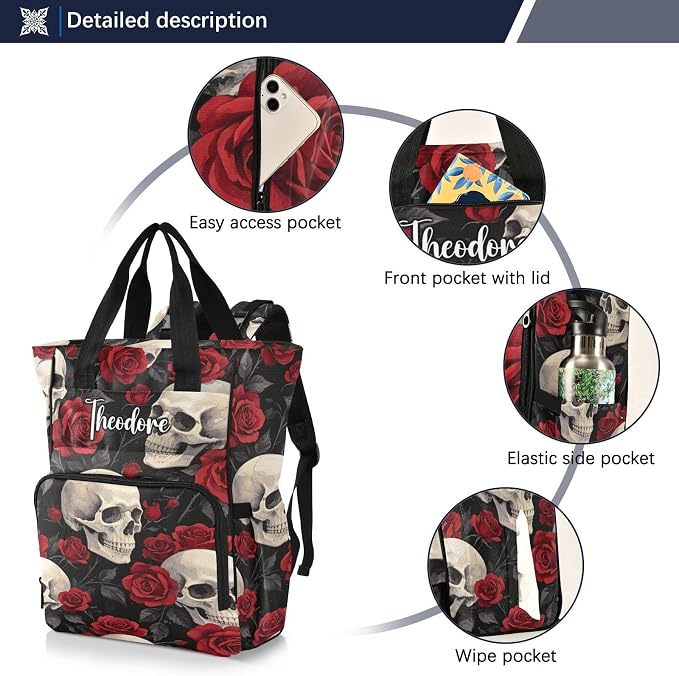 Personalized Watercolor Red Rose Skull Diaper Bag Insul Pockets Mom Dad