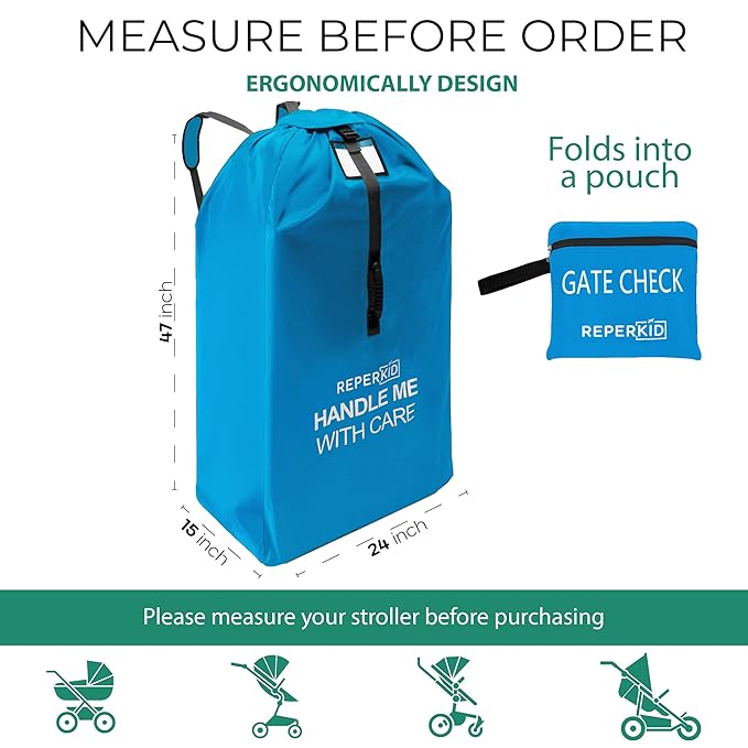 reperkid Large Stroller Bag for Airplane Travel, Blue, 47" H x 24" W x 15" D, Fits Most Large, Single, Double, Jogging Strollers ??Premium Waterproof Cover, Adjustable Shoulder Straps