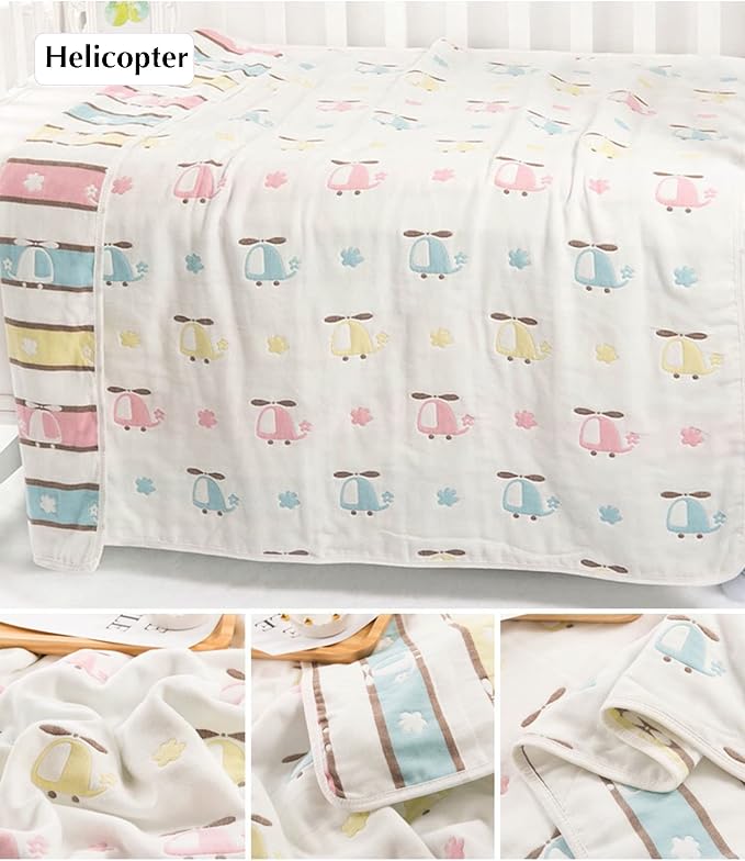 TONWHAR Muslin Baby Blankets,6-Layer Cotton Gauze, Soft and Breathable Baby Quilt,Kids Summer Blanket,Baby Bath Towel (Helicopter)