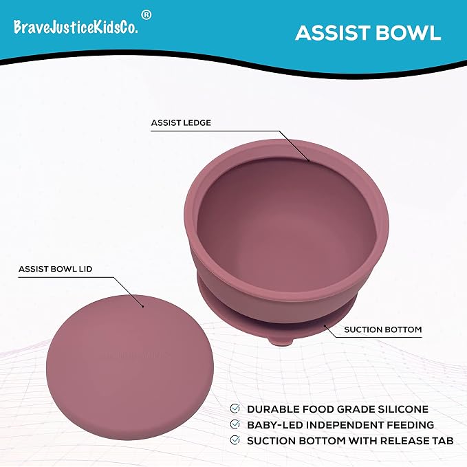 | Silicone Assist Plate and Assist Bowl Combo Pack for Toddler and Baby | Baby-Led Feeding (Dusty Rose)