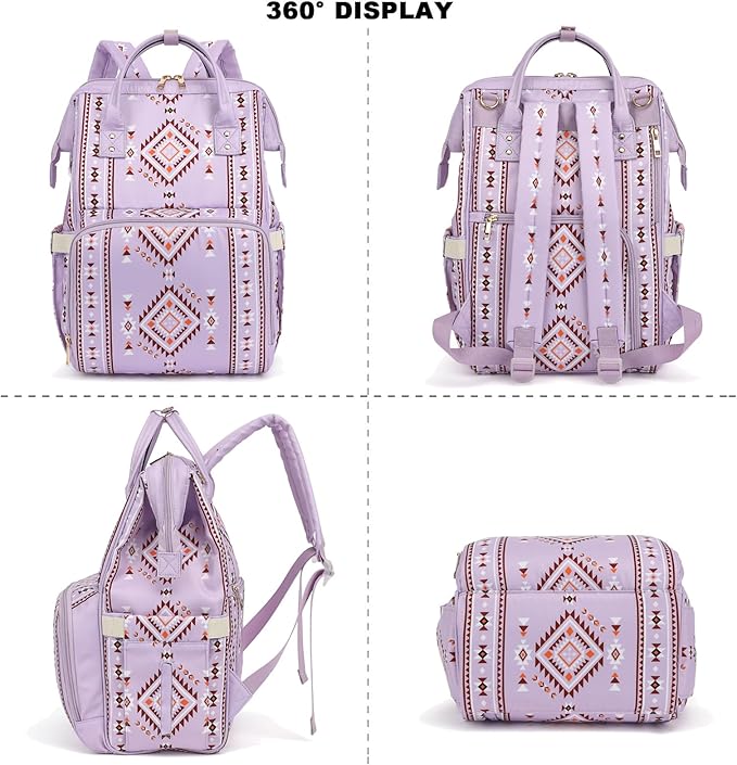 Boho Diaper Bag Backpack for Mom Dad, Multifunctional Bohemia Baby Nappy Backpack with Stroller Straps Insulated Pockets (Purple)