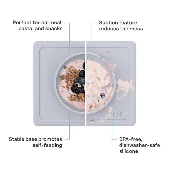 ezpz Mini Bowl (Pewter) - 12 Months+ - 100% Silicone Suction Placemat + Bowl for Toddlers - Comes with a Reusable Travel Bag