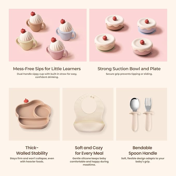 Silicone Baby Feeding Set, Gelato Collection Baby Led Weaning Supplies, First Self-Feeding Ice Cream Set, Silicone Suction Bowl with Cherry Lid & Plate, Straw Cup & Bib, Fork & Spoon