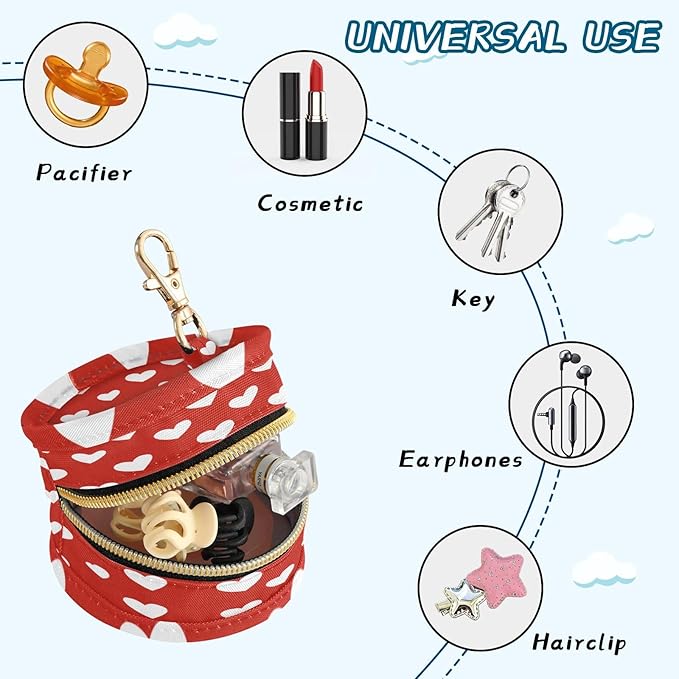 Pacifier Holder with Clip Pacifier Case for Diaper Bag Round Baby Pacifier Pouch Box Bag Portable Red Heart Valentine