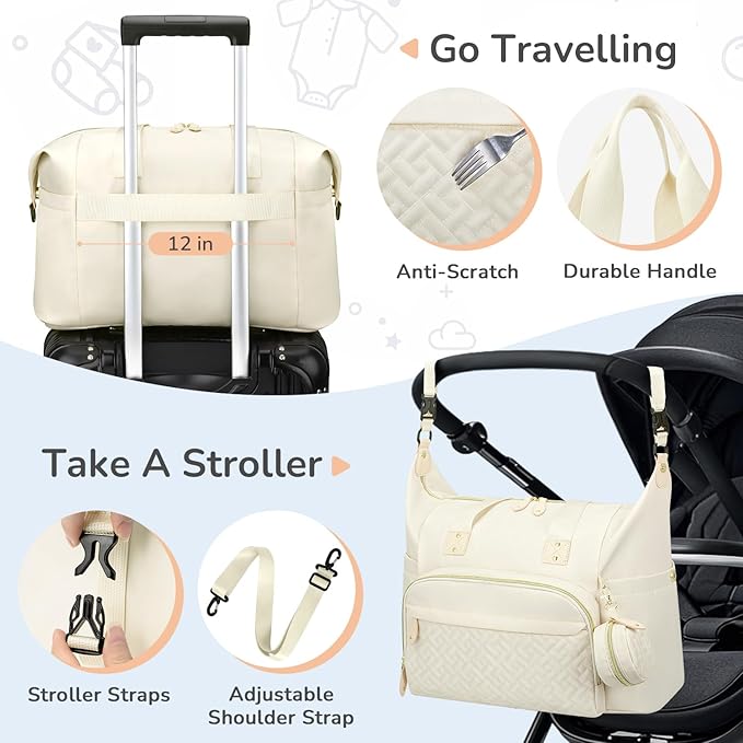 Tenot Diaper Bag Tote with Pacifier Case, Baby Bag for Women with Shoulder Straps, Travel Diaper Tote for for Mom and Dad Beige