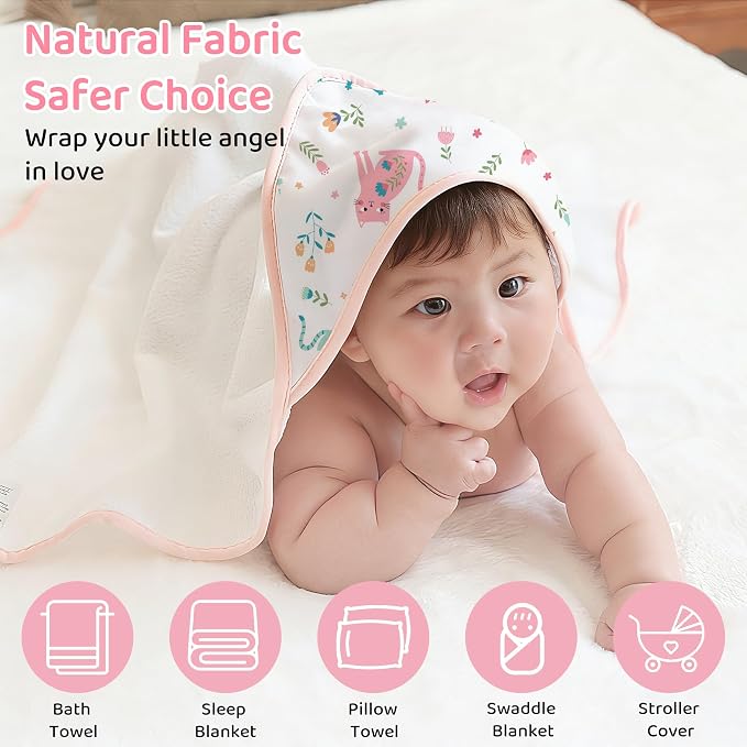 Mooreeke Baby Towel with Hood for Girls Pink Cat Flower Bath Towel for Babies Ultra Soft Absorbent 3 PCS Baby Towels and 3 PCS Washcloths for Newborn Essentials