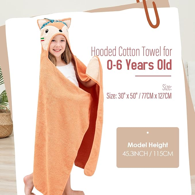 Style Quarters Baby Bath Towel - 100% Cotton Terry Soft Hooded Towel Cartoon Fox Baby Beach Towels Super Absorbent Large Embroidery Kids Hooded Bath Toddler Towel with 50"x30"(Orange Fox)