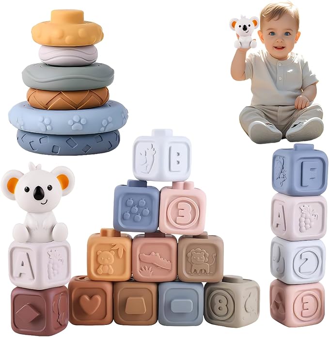 2-in-1 Soft Stacking Blocks & Rings,Montessori Sensory Toys for Babies 6 12 18 Months,Essentials Squeeze Teether,Textured,Sensory Educational Learning Toys for Infant