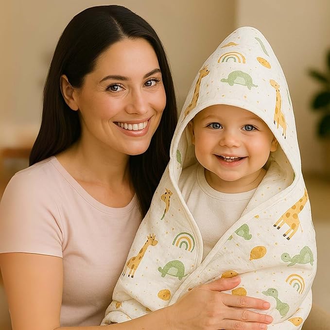 Chungie Soft Muslin Hooded Baby Towels 32x32 inches ??100% Cotton, 6-Layer Breathable Newborn Bath Towels with Hood, Pack of 2 (Printed + Embroidered)