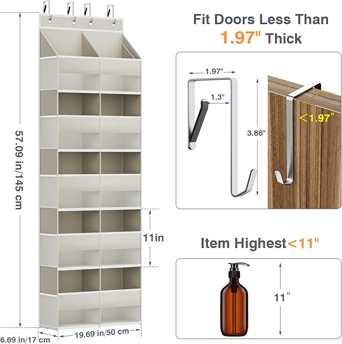 Over the Door Organizer 5 Tiers, Extra Large Behind Door Storage of 10 Big Front 10 Mesh Pockets, 80 lbs Door Organizer Hanging Heavy Duty Over the Door Storag for Closet Bedroom Nursery Pantry Beige