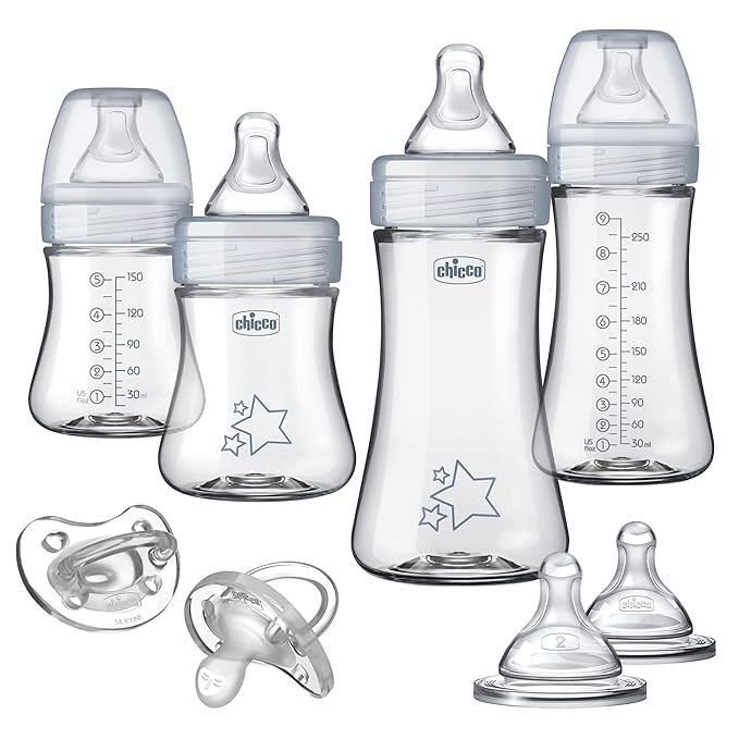 Chicco Duo Hybrid Baby Bottle Newborn Starter Giftset, Real Glass Inside, Lightweight Plastic Outside, Patented Invinci-Glass Technology, Intui-Latch Nipple, Clear/Grey