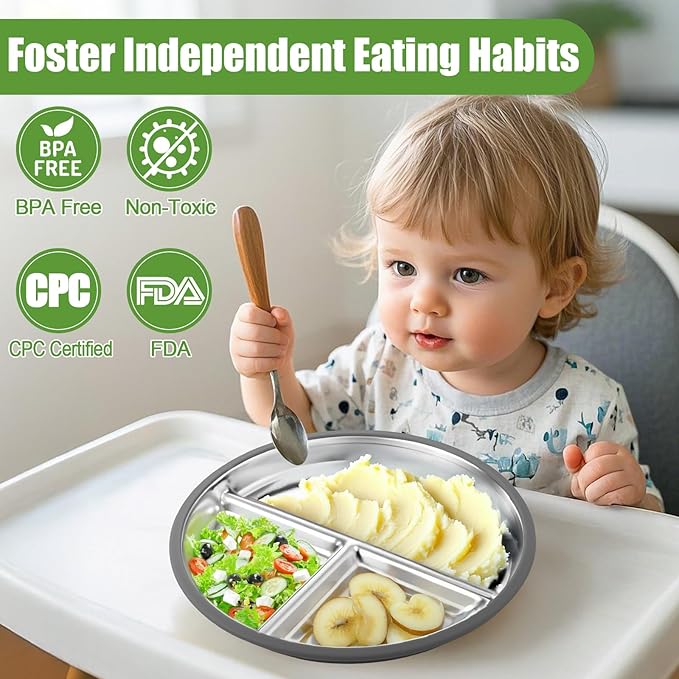 BUSOHA 3 Pack Stainless Steel Kids Plate Set - 9??Divided Toddler Baby Plates with Silicone Sleeves with Suction 2-in-1 Anti Breakage Metal Toddler Bowls Microwave Dishwasher Safe