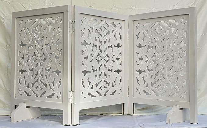 Free Standing Dog Gate – 3 Panel Foldable Wooden pet gate Indoor 54" W x 24" H, Hand-Carved Solid Wood & MDF, Portable Indoor Gate for Doorways, Halls, Stairs – Fully Assembled_ White Antique