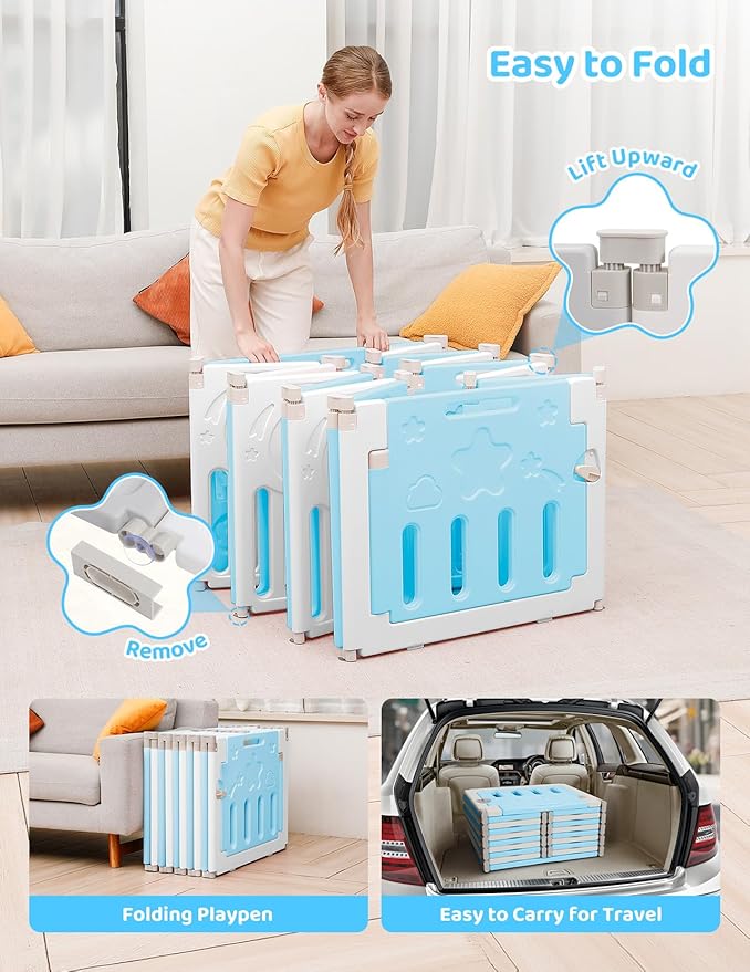 Baby Playpen, Dripex Baby Playard for Babies and Toddlers, 14-Panel Foldable Playpen Adjustable Portable Play Area, Indoor/Outdoor Kids Active Center with Game Panel & Safety Gate, Blue White