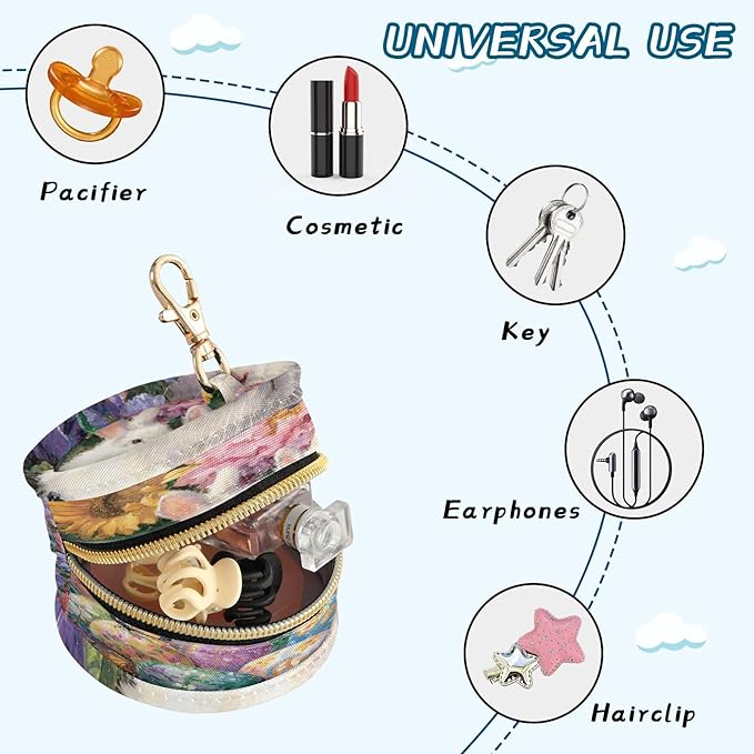 Pacifier Holder with Clip Pacifier Case for Diaper Bag Round Baby Pacifier Pouch Box Bag Portable Easter Bunny Eggs Sunflowers