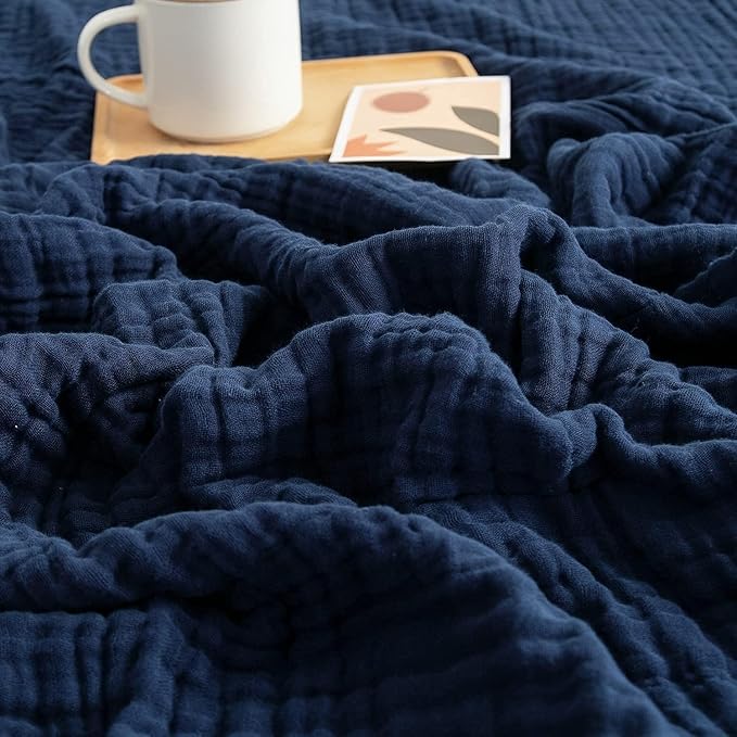 EMME Cotton Muslin King Blanket Big Oversized Bed Layering Bedspread Coverlet Breathable Gauze Soft Lightweight Blankets (Navy, 120"x94")