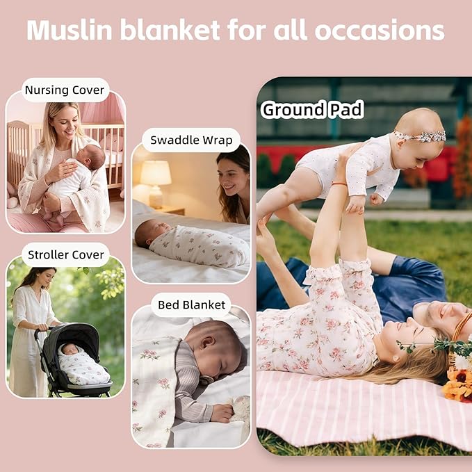 LifeTree Baby Swaddle Blankets, Boys Girls Muslin Swaddling Wrap Receiving Blanket for Newborn, 70% Viscose from Bamboo and 30% Cotton, Large 47" x 47", Pink Floral and Stripe
