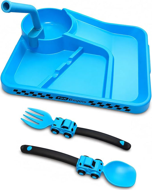 Deinyi Fun Construction Toddler Plates & Utensils - Divided Non-Tip Plate for Ages 1 2 3 4 5 6 7 - Perfect Birthday Party Gift for Boys & Girls - Blue