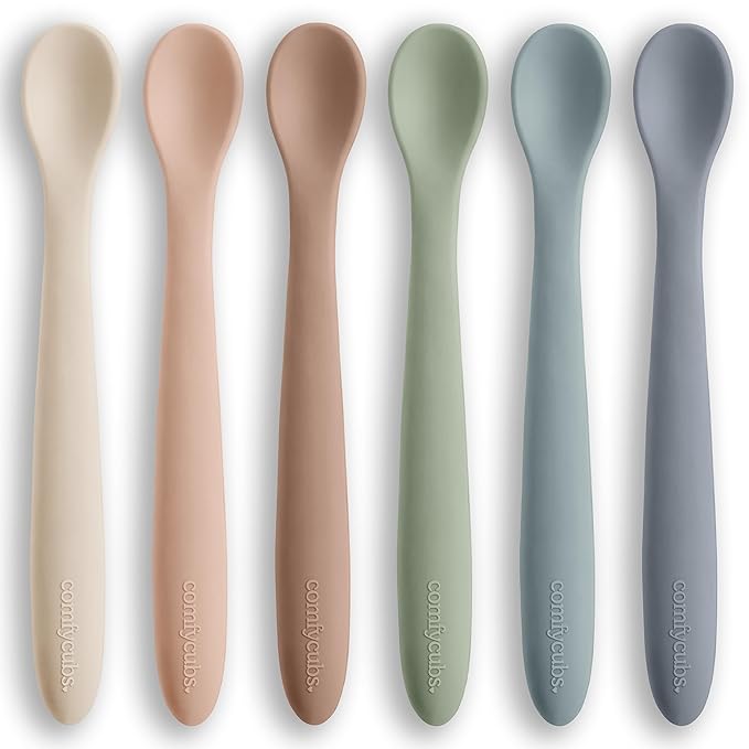 Comfy Cubs Silicone Baby Spoons Set 6-Pack, Sand 6.46 x 0.95 in ??BPA Free, Soft Gum-Safe Toddler Eating Essentials ??Lightweight & Flexible Baby Spoons, Dishwasher Safe, Fun Utensils for Babies