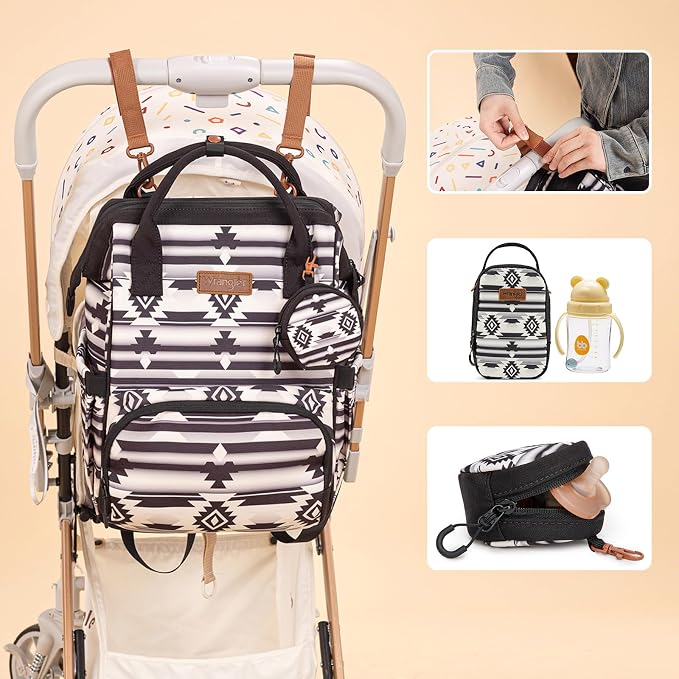 Montana West Wrangler Callie Diaper Bag Backpack with Pacifier Case, Crossbody Bottle Bag and Stroller Straps Western Pattern Multifunction Baby Travel Bag Set WG2215-9110BK