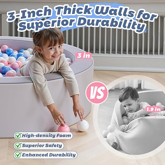 Leather Foam Ball Pit for Toddlers: Waterproof Baby Ball Pit with Soft Memory Foam - Large Soft-Play Set Baby Playpen Indoor Outdoor Games - Ideal Gifts Toys for Boys and Girls (Upgraded Round)