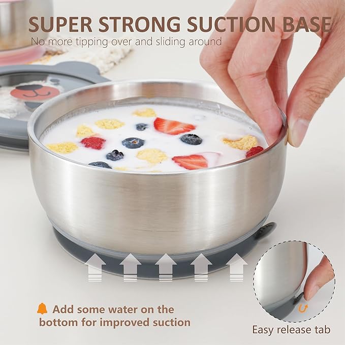 MR. CHOU Baby Bowls with Non-Slip Silicone Suction Cup, Insulated Double-Layer 18/8 Stainless Steel Toddler Bowls with BPA Free Airtight Lids, Food-Grade Silicone Safe for Kids (Gray)