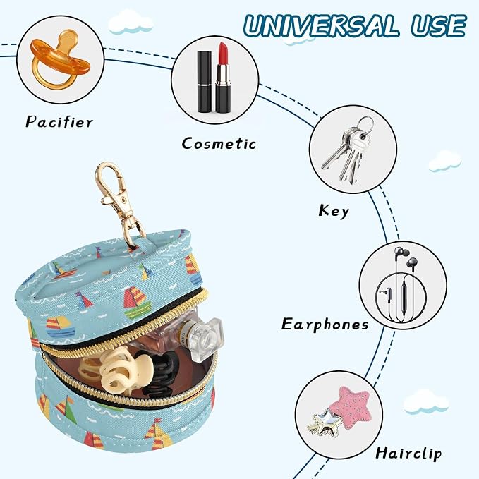 Baby Pacifier Case with Clip, Cartoon Sailboats Portable Pacifier Holder, TPU Lined Dust-Proof Storage Pouch for Diaper Bag and Stroller