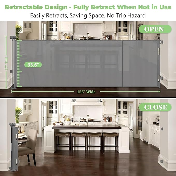 Reinforced 37" Tall x 155" Extra Wide Retractable Baby Gates with Reinforced Rods, 13ft Extra Wide Dog Gate ??Prevents Crawling Under, Retractable Pet Gate Retractable Fence Garage Gates for Dogs/Gray