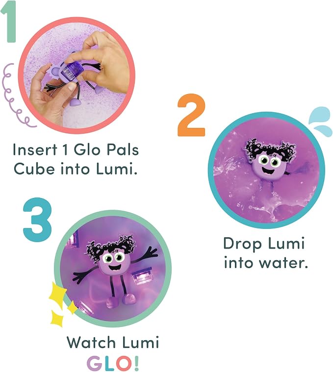 Glo Pals Water-Activated Light-Up Sensory Bath Toy Character and 6 Cubes for Bathtime and Sensory Play, Lumi, Glows Purple