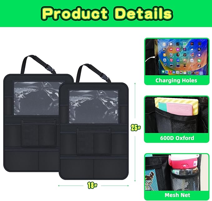 Car Organizer Kick Mats Back Seat Protector, Car Back Seat Organizer with Tablet Holder Pocket for Kids, Travel Accessories with 10 Storage Pockets, 2 Pack