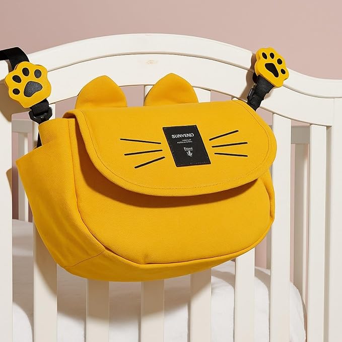 SUNVENO Kitty Stroller Organizer Bag ??Universal Baby Stroller Caddy with 2 Cup Holders, Adjustable Straps, Waterproof Oxford, Lightweight Travel Accessory for Strollers, Prams & Pushchairs,Yellow