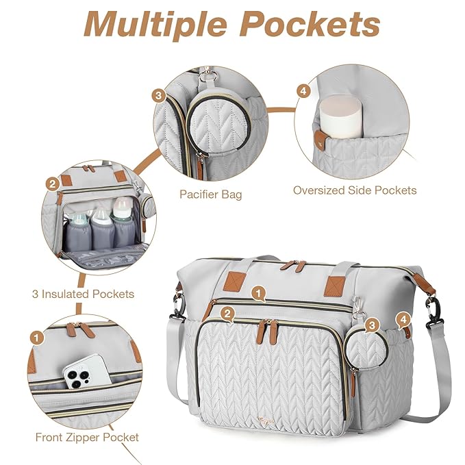 Diaper Bag Tote, Large Diaper Bags Waterproof, Hospital Bag for Labor Delivery, Baby Bag with Pacifier Case, Travel Diaper Tote with Changing Pad, Grey