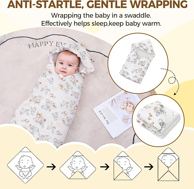 LAT LEE AND TOWN Winter Baby Car Seat Blanket for Newborn,35"x35"Universal Baby Wrap Blanket with Ruffle Hood,Winter Thickening Double Sided Cotton for Infants,Blankets for Stroller(Rabbit Fruits)
