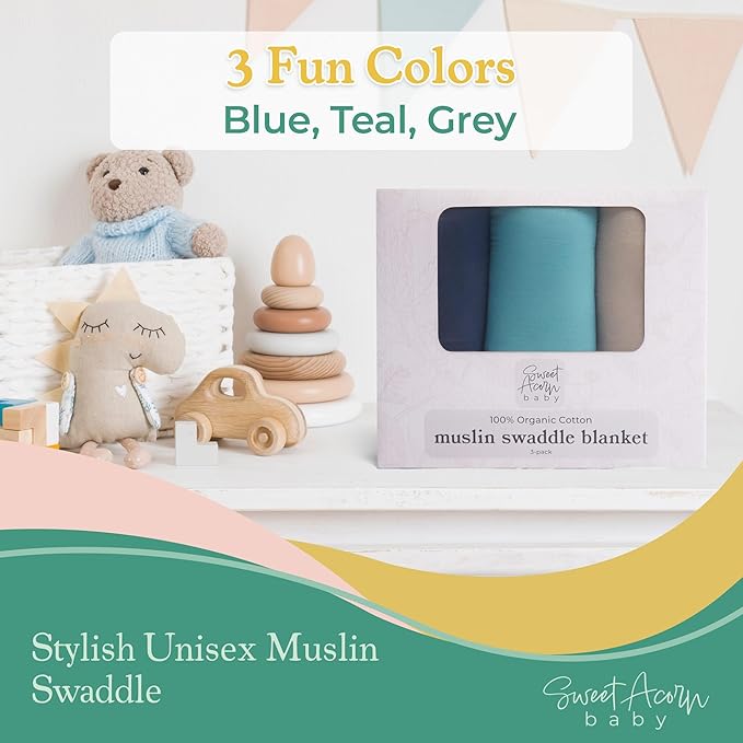 Muslin Swaddle Blanket ??Soft Cotton Muslin Baby Blanket for Newborns, Infants, and Toddlers, All-Season Comfort Baby Essential - Blue, Teal, Grey