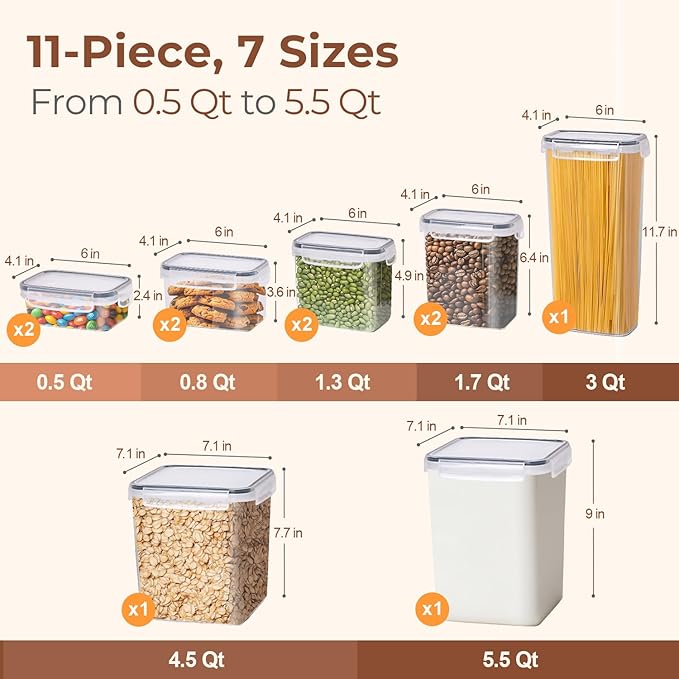 ComSaf Airtight Food Storage Containers with Lids, 11 Pcs Canisters Sets for the Kitchen, Plastic Pantry Organizers and Storage for Cereal, Flour, Sugar,Kitchen Storage Containers Include Labels