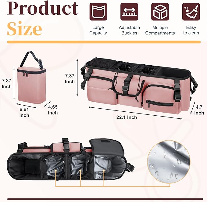 GDNasist Double Stroller Organizer Compatible with Bob Duallie and Baby Jogger City Mini GT2, Double Baby Stroller Accessories with Cooler Bag, Parent Console Double Jogging Stroller Caddy, Pink