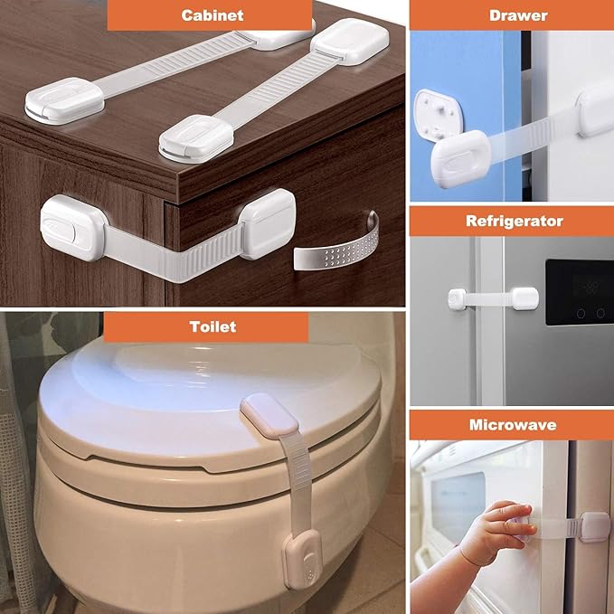 16 Pack Vmaisi Multi-Use Adhesive Straps Locks - Childproofing Baby Proofing Cabinet Latches for Drawers, Fridge, Dishwasher, Toilet Seat, Cupboard, Oven,Trash Can, No Drilling (White) (16)