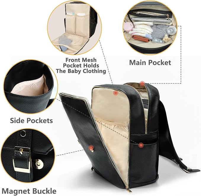 miss fong Leather Diaper Bag Backpack Baby Diaper Bag for mom dad with 12 Pockets,Diaper Changing Pad and 4 Insulated Pockets Dark Black