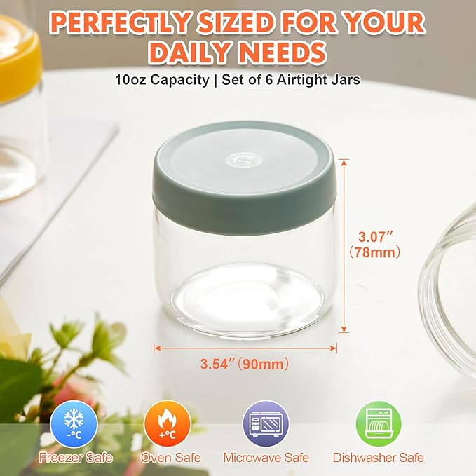 Premium 10oz Borosilicate Glass Jars with Airtight Lids (6 Pack) ??Freezer to Oven Safe (-4°F to 446°F) ??For Overnight Oats, Chia Pudding, Yogurt Parfaits, Dressings, Sauces & More
