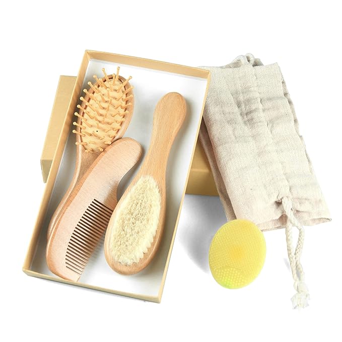 Elfzone Baby Brush and Comb Set - 4Pcs Wooden Baby Hair Brush，Baby Brush Set,Baby Airbag Brush, Beech Handle Brush, and Prevent Cradle Cap Silicone Brush - Ideal Registry Gift