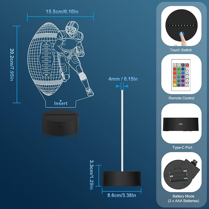 Attivolife Football Player 3D Nightlight, Rugby Illusion LED Lamp with Remote & Touch Control, 16 Colors Changing Dimmable, Great Bedside Decor Birthday Gift for Outsports Lover Children Kids Boys