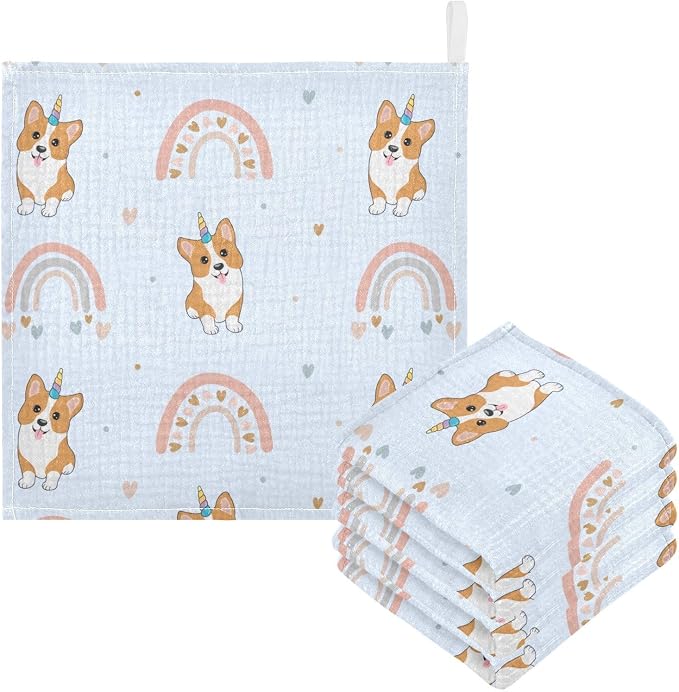 vvfelixl Baby Muslin Washcloths Corgi Hearts Rainbows Baby Burp Cloths Cotton Baby Face Towel for Newborn Infants Boys Girls Soft and Absorbent 11.8 X 11.8 in, 3 Pack